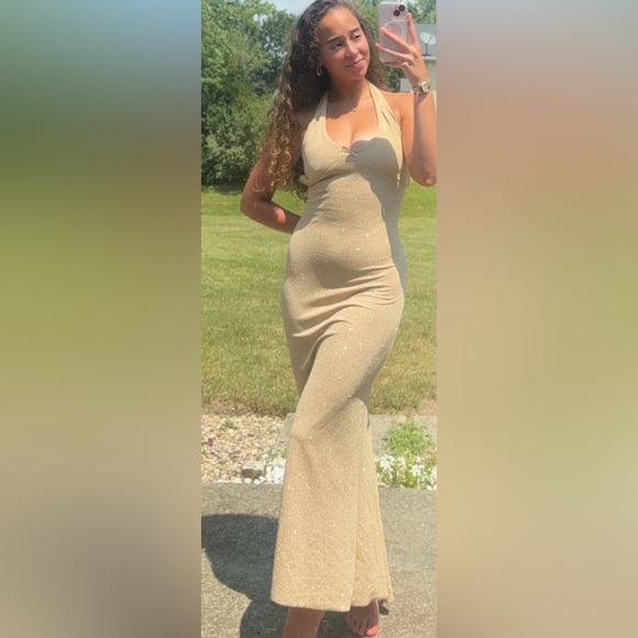 Vintage Y2K Hyphen Glamorous Gold Halter Maxi Formal Evening Dress-Size M - Picture 4 of 16